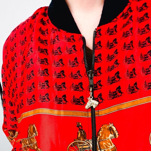 Vintage Red & Black Light Weight Novelty Horse Chariot Bomber Jacket - Size L - Picture 6 of 8